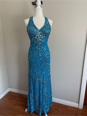 adrianna papell light blue sequin dress Blue Draped One Shoulder Dress With Sequin Detail